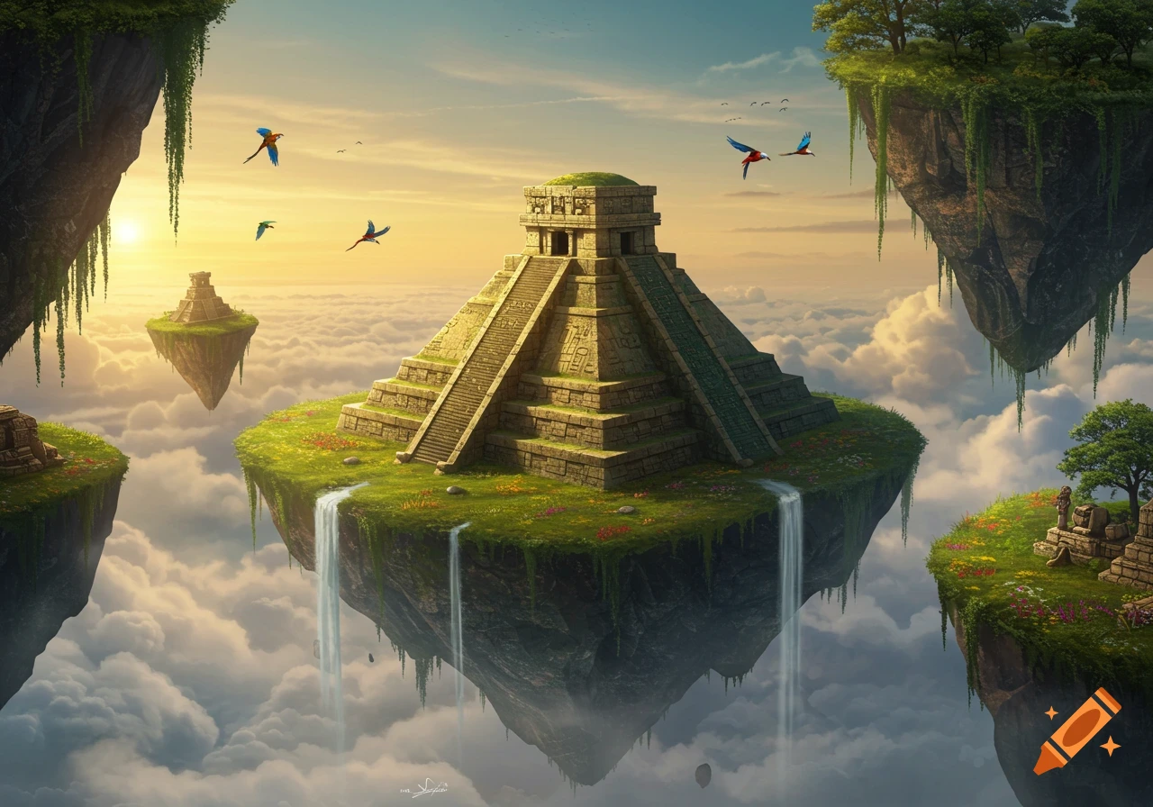 Fantasy landscape with an Aztec pyramid on a large floating island, surrounded by smaller islands and clouds at sunset, with parrots flying.