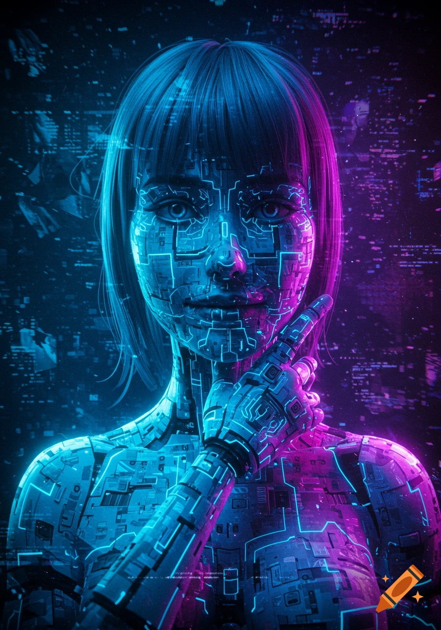 Sci Fi Robot Anime Head at an Angle With Japanese Text, in
