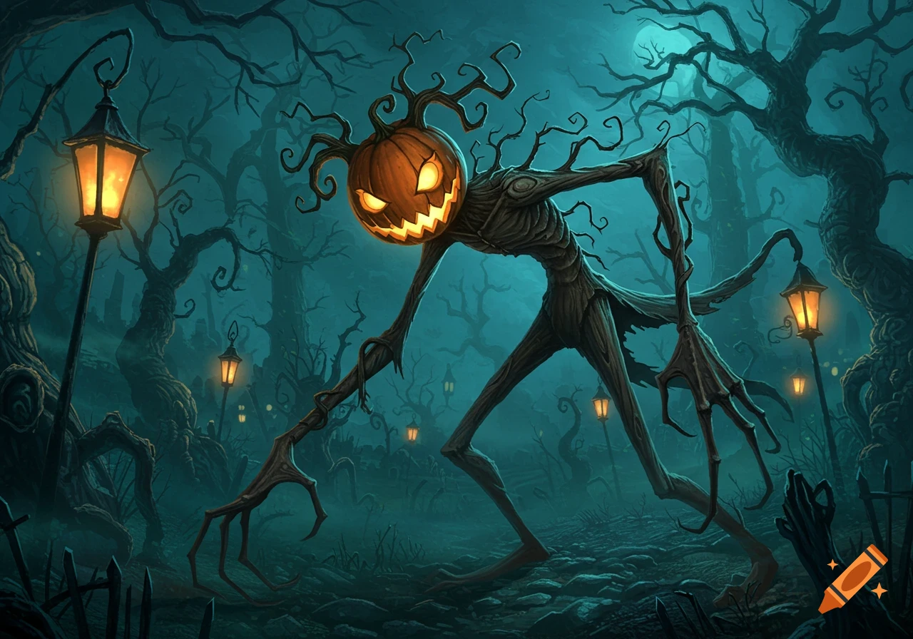 A slender, twisted, tree-like monster with a glowing jack-o'-lantern head stands in a dark, misty forest with street lamps, in a gothic, whimsical art style.