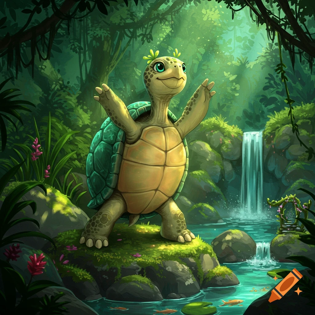 A whimsical cartoon turtle with bright eyes stretches its limbs on a mossy rock in a lush green jungle with a waterfall.