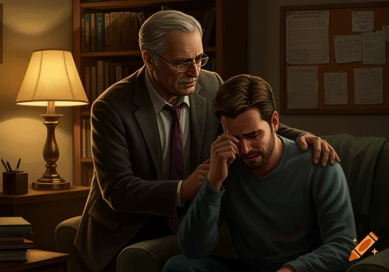 An older man comforts a younger man who is crying in a warmly lit therapy office.