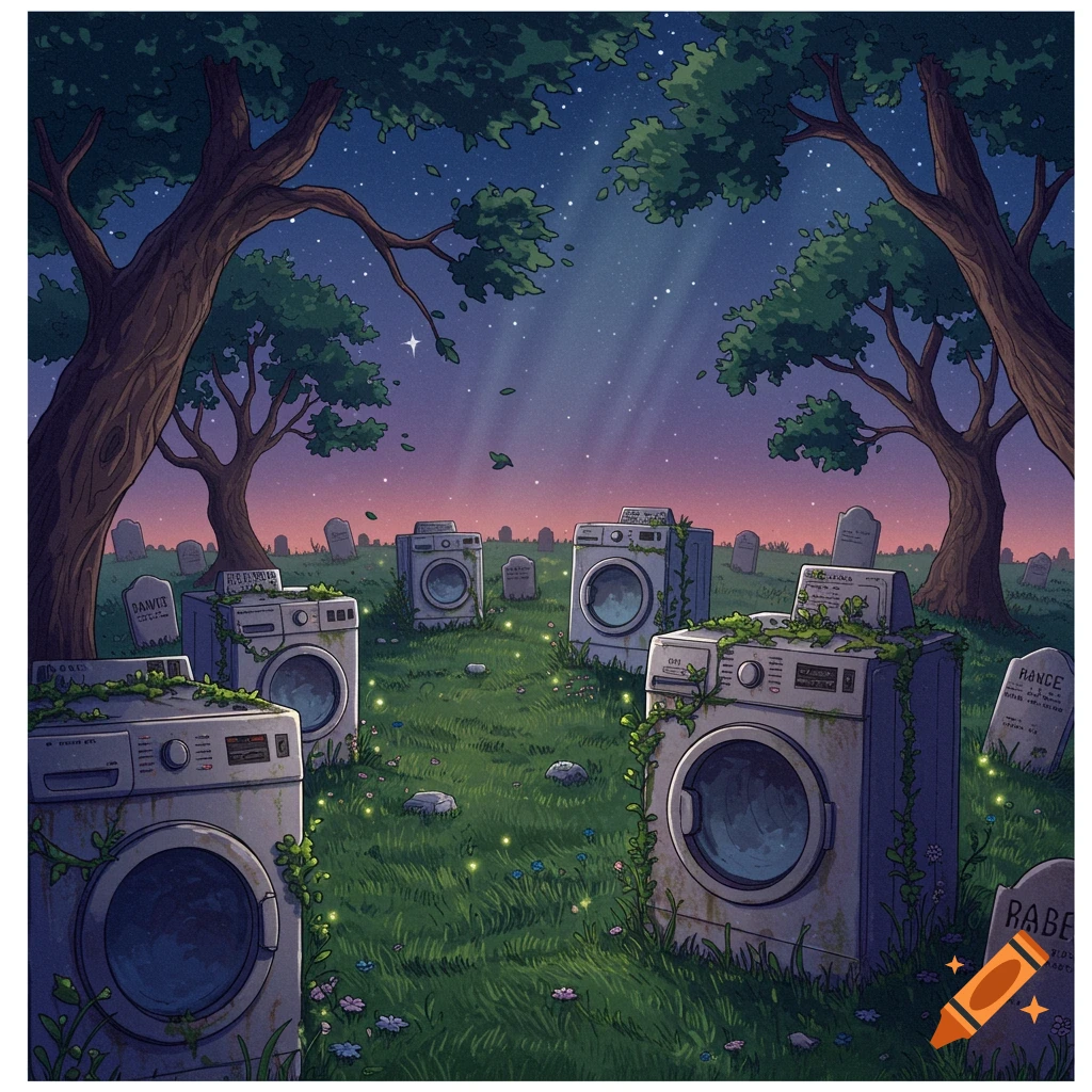 Illustrated scene of washing machines serving as gravestones in a moonlit graveyard with trees under a starry sky.