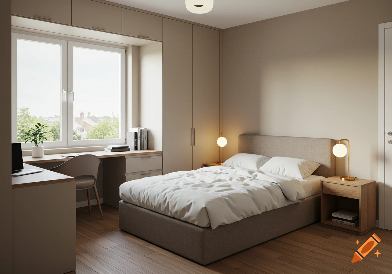A modern, minimalist bedroom with a double bed, built-in wardrobe, desk, and large window overlooking a neighborhood.