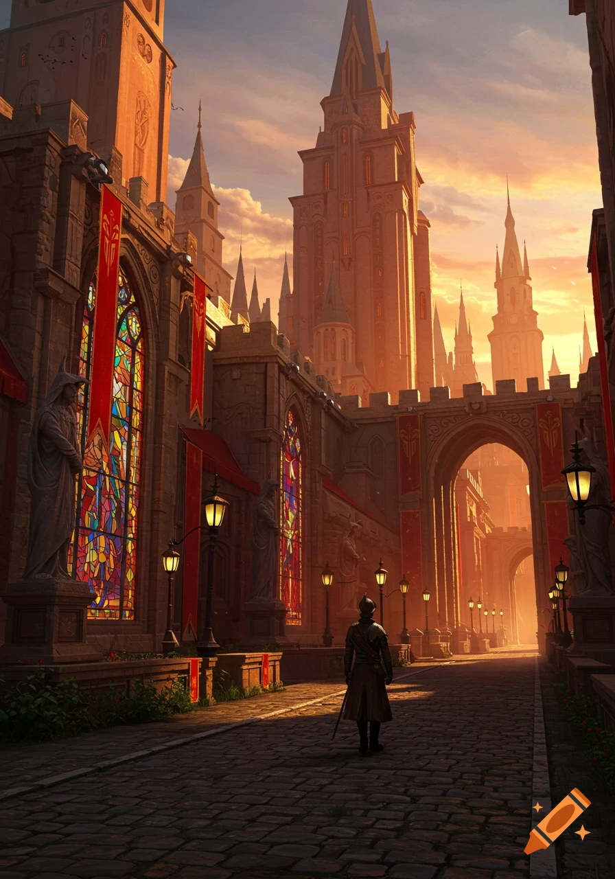 A figure walks down a stone street in a grand medieval city with towering buildings, stained-glass windows, and red banners under a golden sunset.