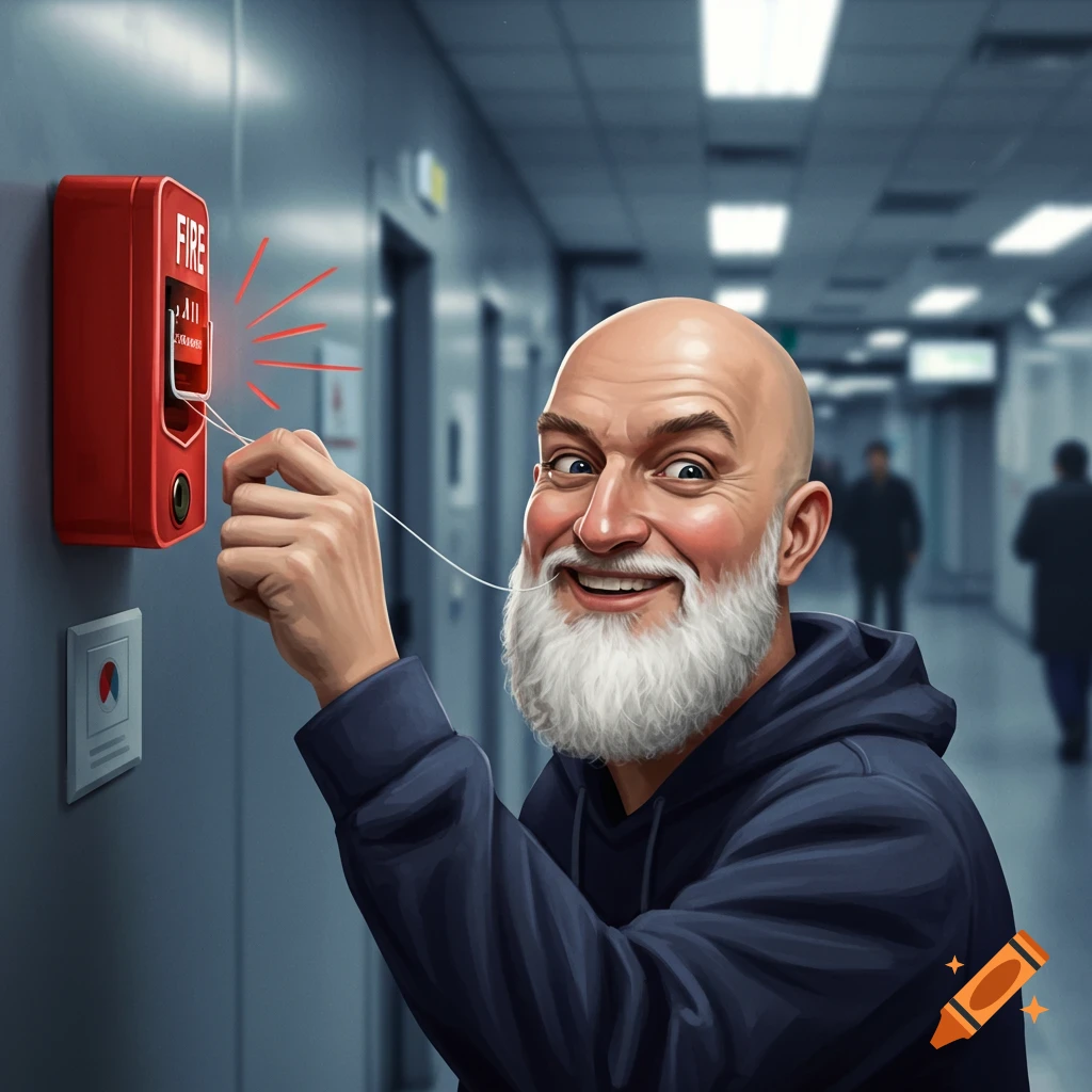 A bald man with a white beard grins mischievously while pulling a fire alarm in a hallway, in an illustrative style.