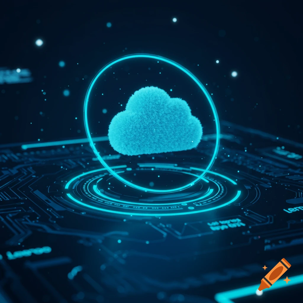 A fuzzy blue cloud icon floats within a glowing neon circle on a futuristic circuit board background.