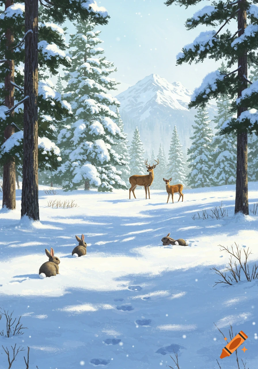 Digital painting of deer and rabbits in a snowy mountain forest with pine trees.
