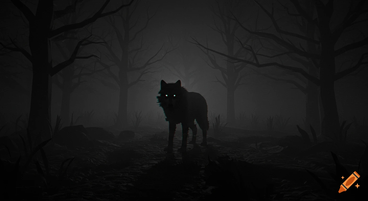 A low-poly black wolf with glowing eyes stands in a dark, foggy, creepy forest with VHS glitch effects, reminiscent of PS1-era horror games.