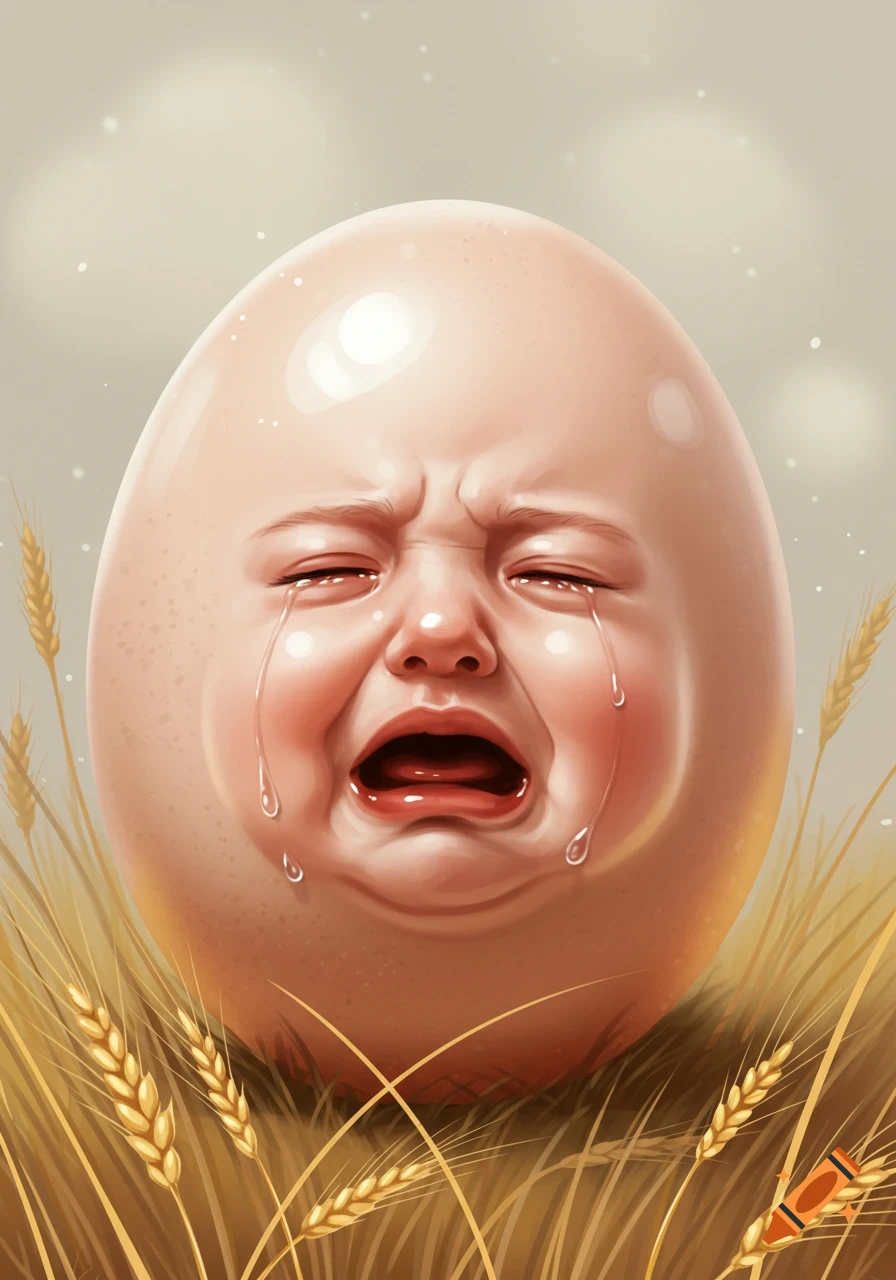 A surreal illustration of a crying baby face on a light brown egg, sitting in a field of golden wheat stalks with tears streaming down its cheeks.