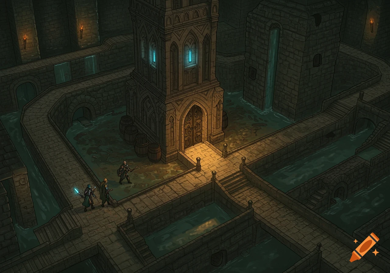 Isometric fantasy dungeon battle map with a central mage tower, stone pathways, canals, and a group of adventurers.