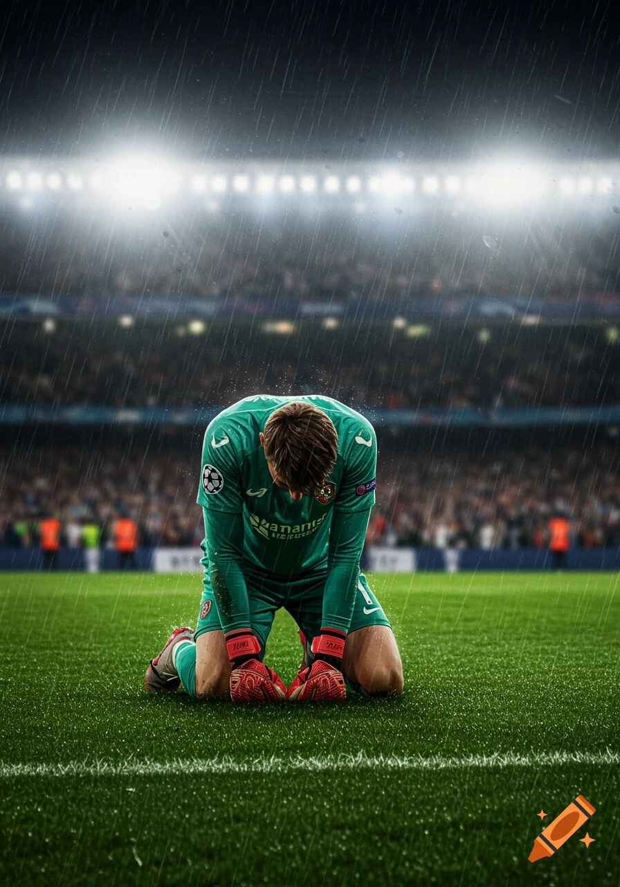 A dejected soccer goalkeeper in a green uniform kneels on a rainy field during a game under stadium lights.