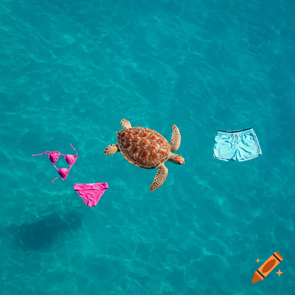 A sea turtle swims in clear blue ocean water next to a pink bikini and light blue men's shorts, viewed from above.