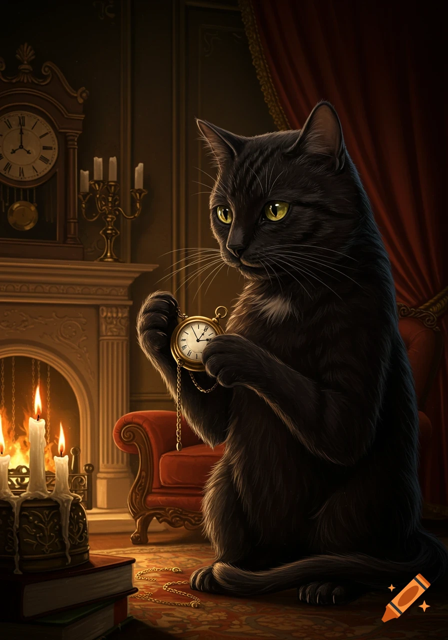 A black cat with green eyes and a white chest patch holds a gold pocket watch in a dimly lit, ornate room with a fireplace and candles.