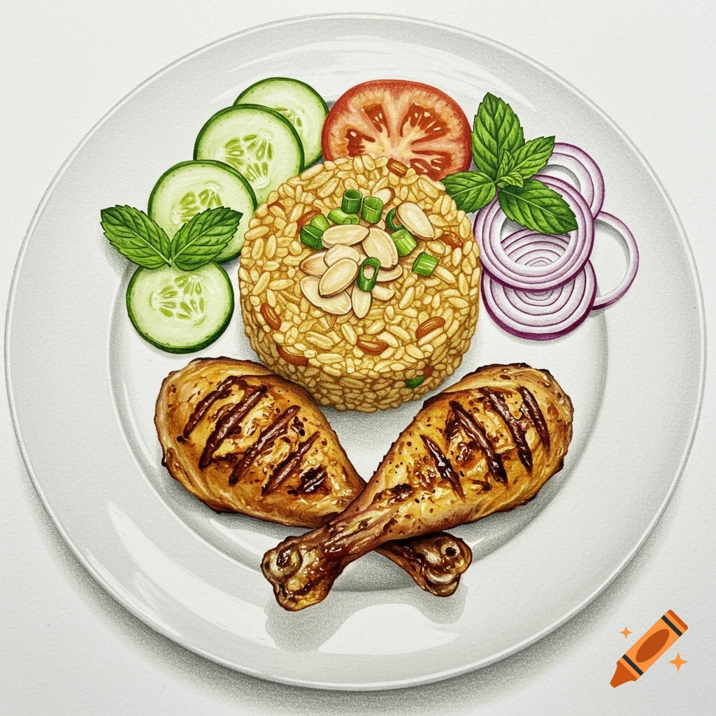 A top-down color pencil drawing of a meal on a white plate with grilled chicken drumsticks, rice pilaf, cucumber, tomato, red onion, and mint.