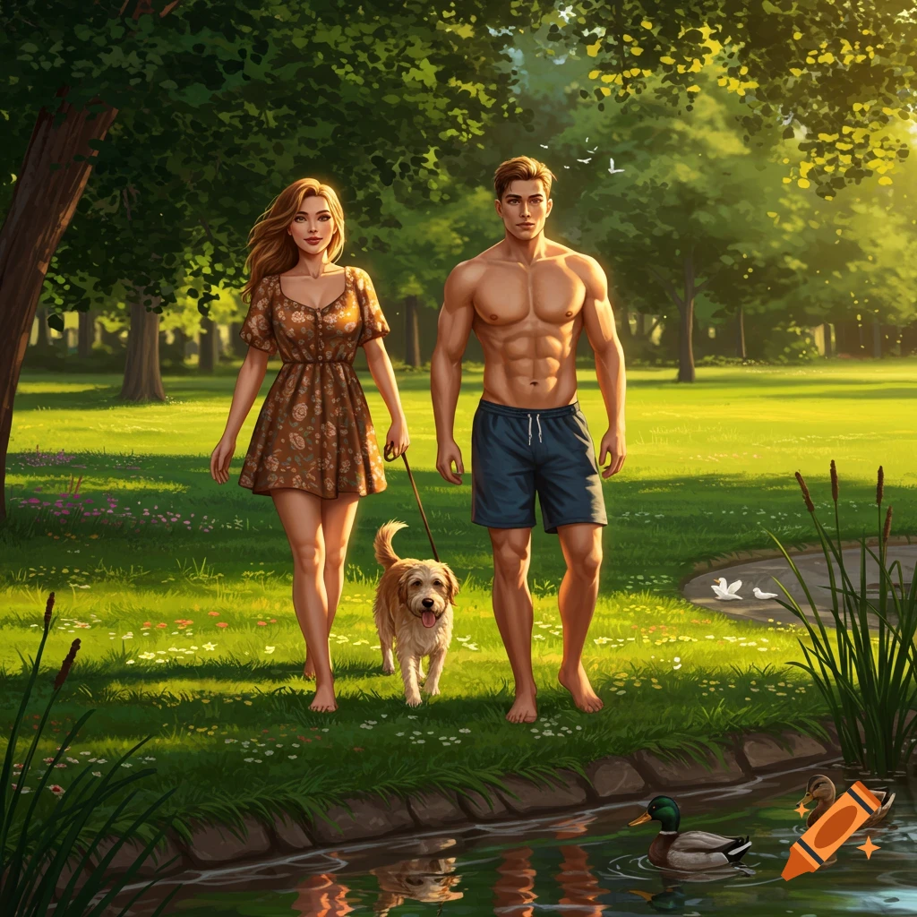 A man without a shirt, a woman in a floral dress, and their dog walk in a sunny park next to a pond with ducks.