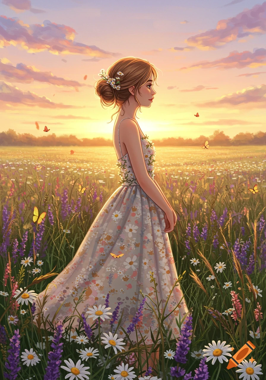 A young girl in a floral dress stands in a field of wildflowers at sunset, with butterflies. Artistic style.