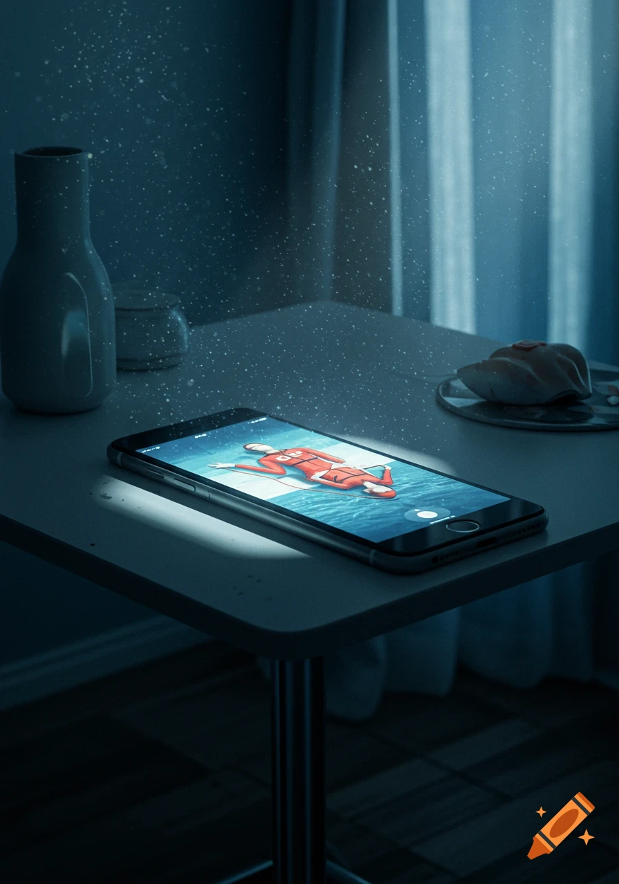 A smartphone lies on a table in a dimly lit room, its screen displaying an illustration of a person floating face down in water, wearing a red life vest.