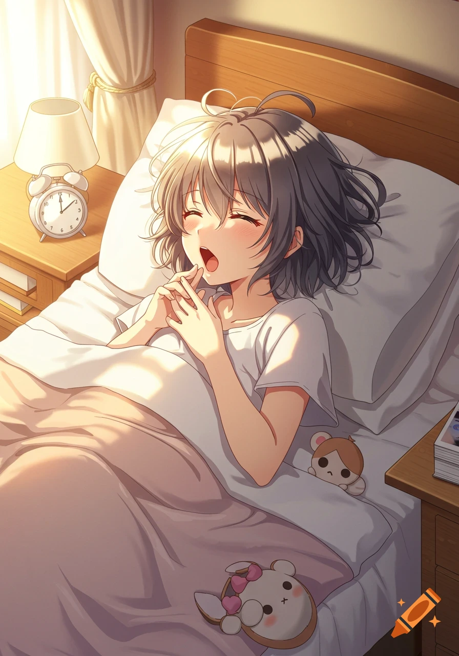 Anime girl with short gray hair yawning and waking up in a sunlit bedroom.