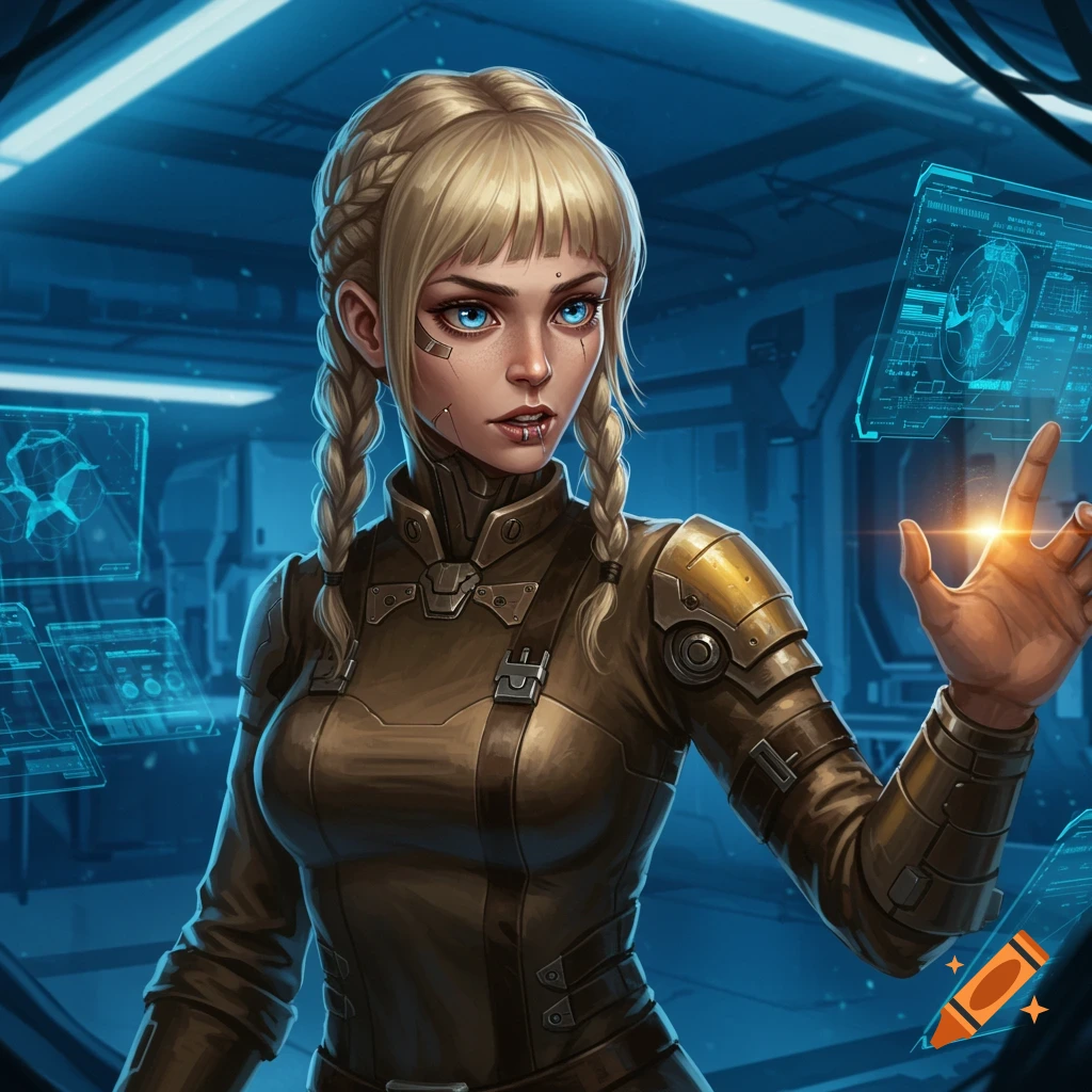 A blonde female engineer with braids and bionic implants on her face interacts with holographic screens in a futuristic setting.