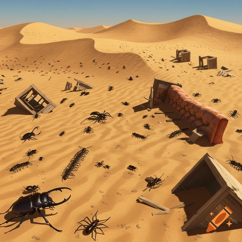 A vast desert landscape filled with various insects like spiders, beetles, and centipedes, scattered with broken wooden furniture pieces.