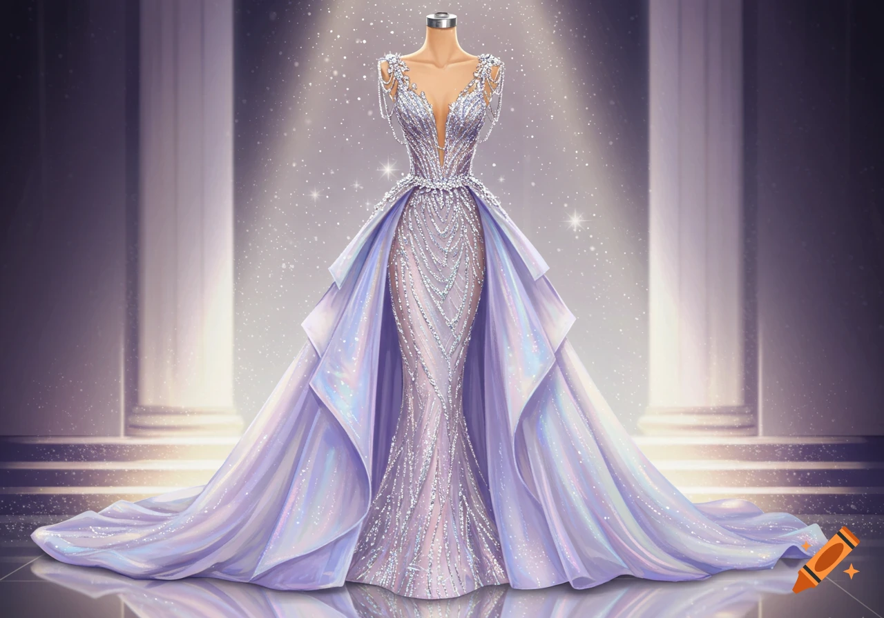 A shimmering, floor-length lavender and silver dress on a mannequin in a grand setting with columns and sparkling light.