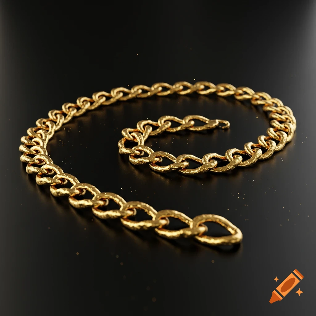 A golden, textured Cuban link chain coiled on a dark, reflective surface with subtle golden dust.
