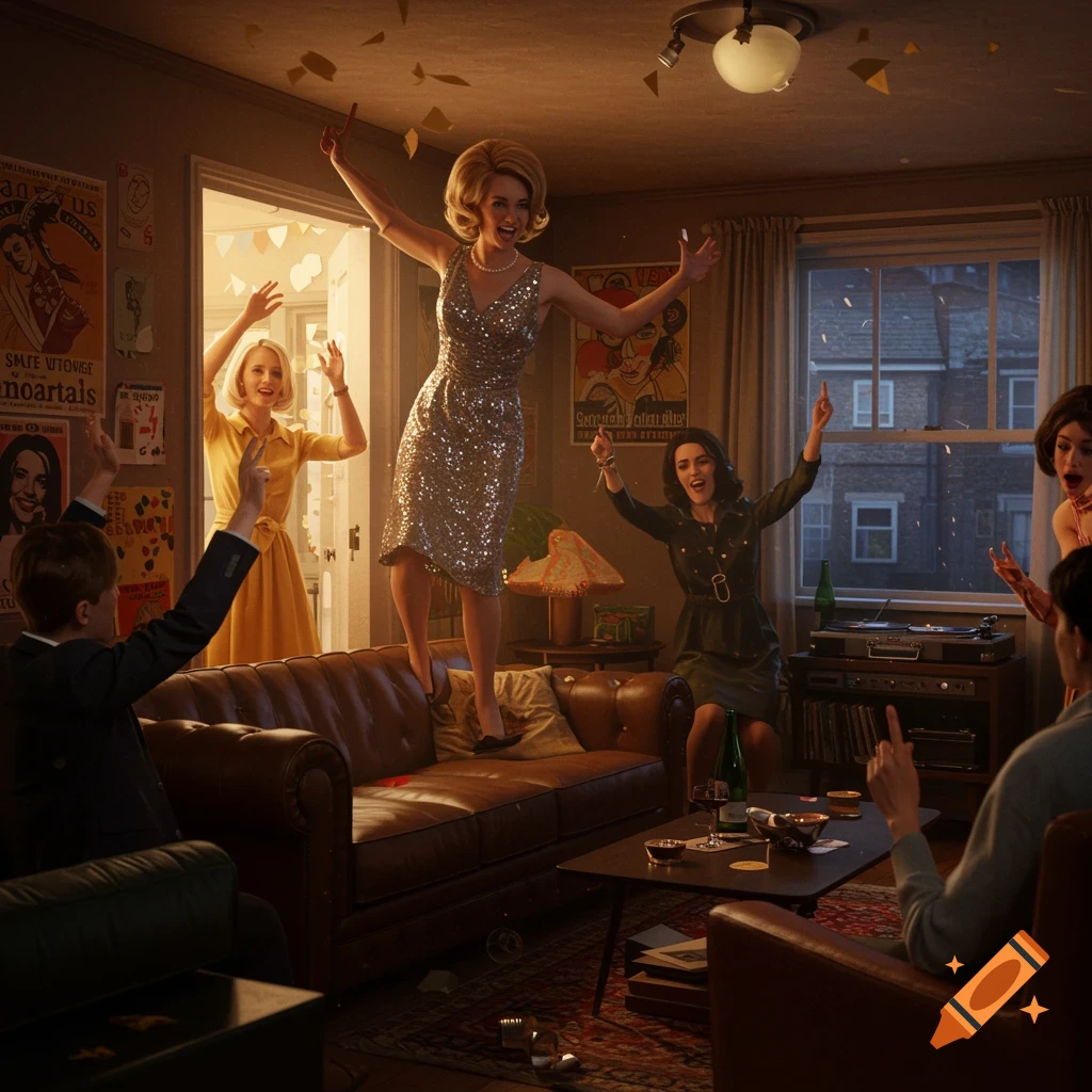 A group of people dancing and celebrating at a lively retro-themed party in a warm, inviting living room.