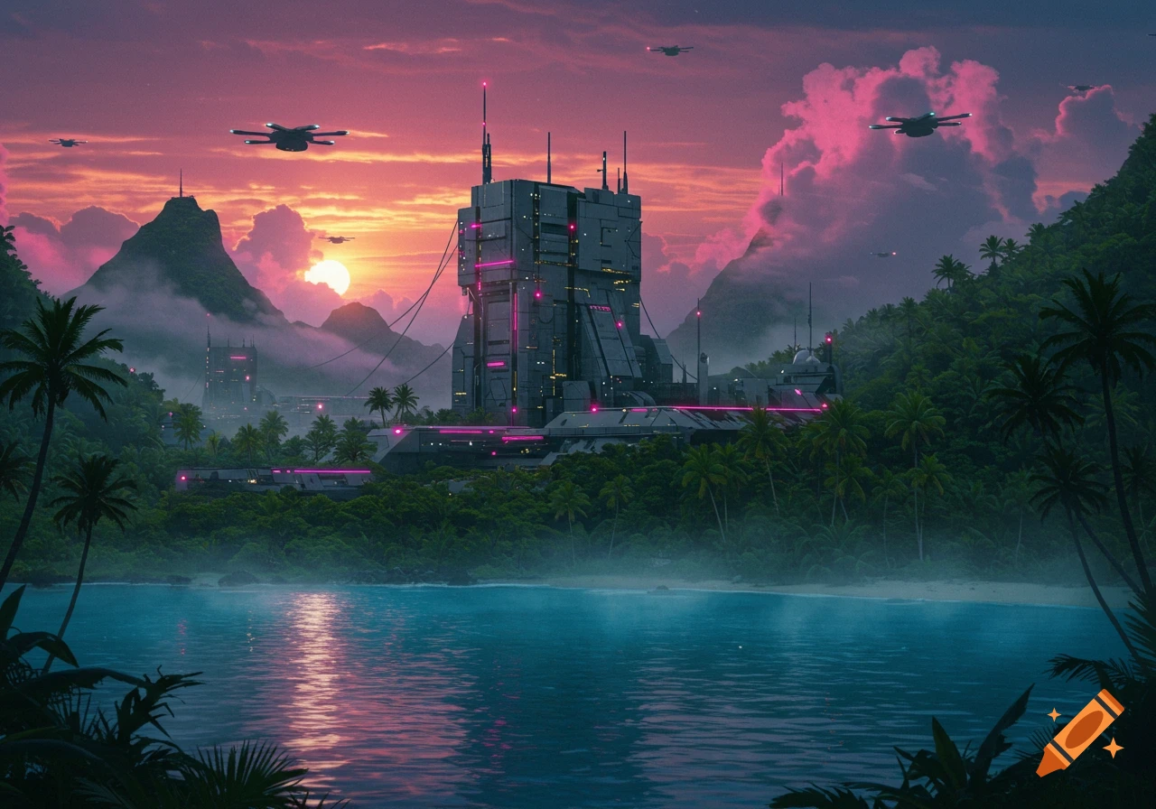 Futuristic sci-fi base nestled on a lush tropical island at sunset, with glowing pink accents and flying vehicles over blue waters.