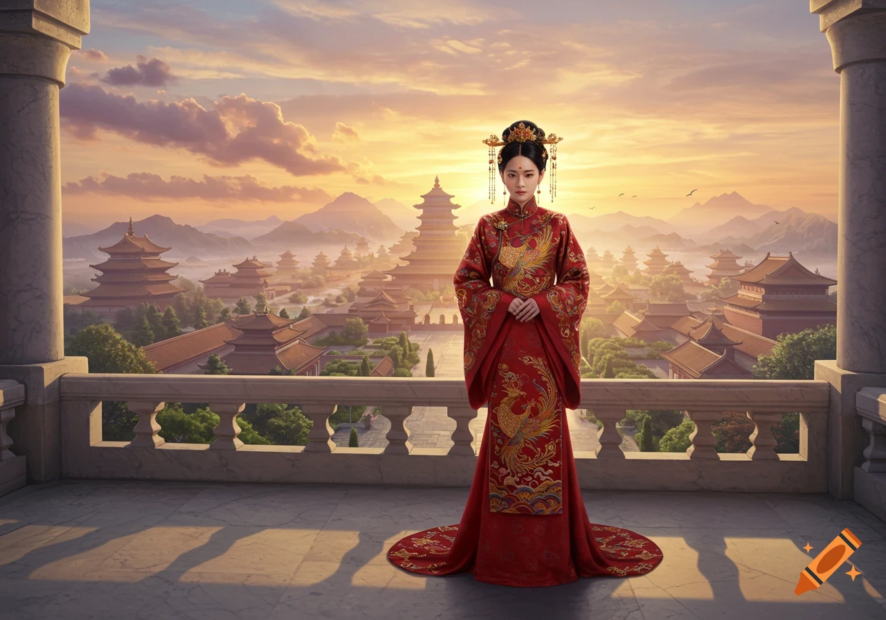 A woman in a red traditional Chinese dress with golden phoenix embroidery stands on a balcony overlooking an ancient cityscape at sunset.