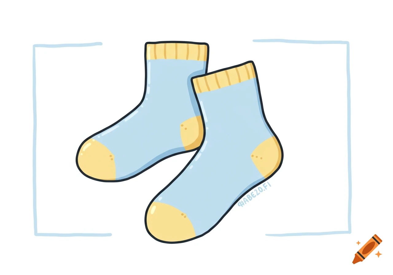 Cartoon drawing of two light blue socks with yellow toes and cuffs.