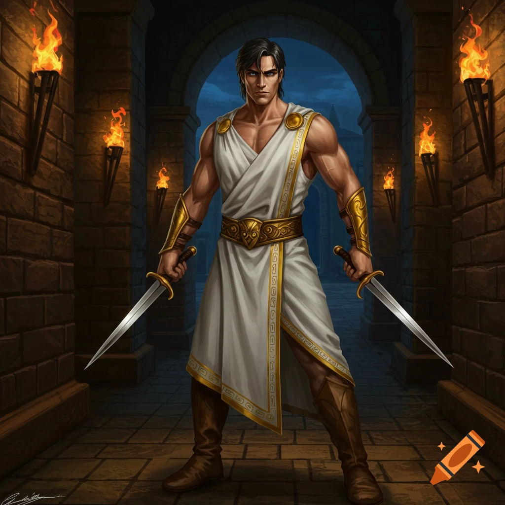 A muscular man in a white toga with gold trim stands in a torch-lit stone corridor, holding two daggers.