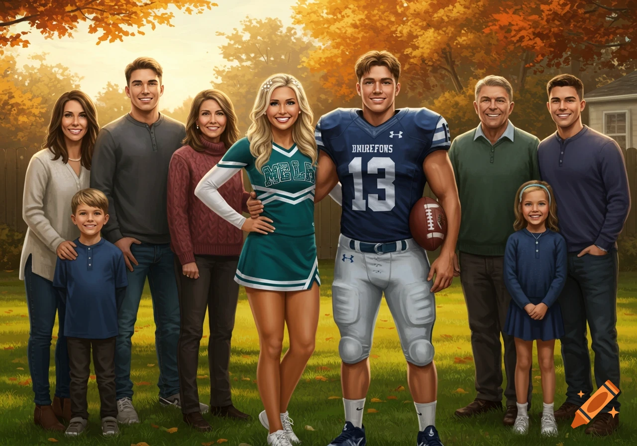 A large family poses for a portrait outdoors in autumn, featuring a football player, a cheerleader, parents, and young children.