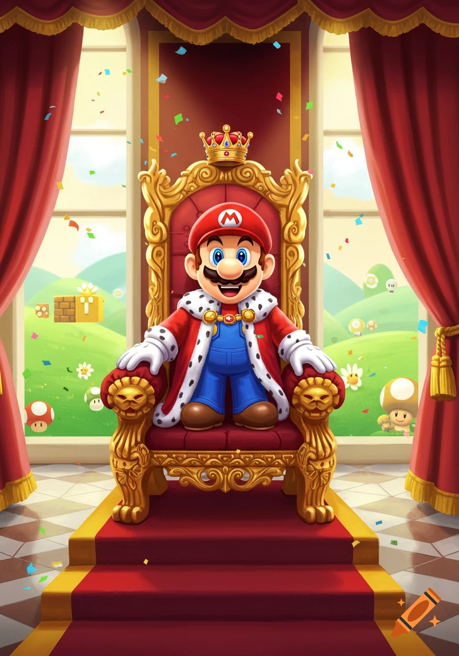 Mario as king, seated on a golden throne with a red robe and crown, confetti falling around him in a vibrant, cartoonish style.