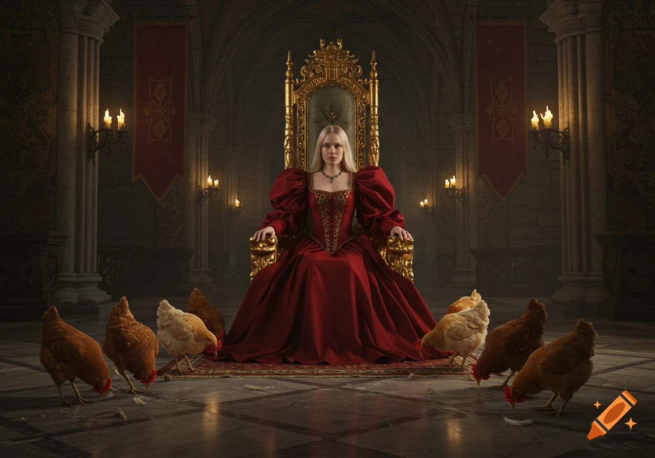A photorealistic image of a blonde woman in a rich red gown sitting on an ornate gold throne in a dark, candlelit castle throne room, surrounded by chickens on the floor.