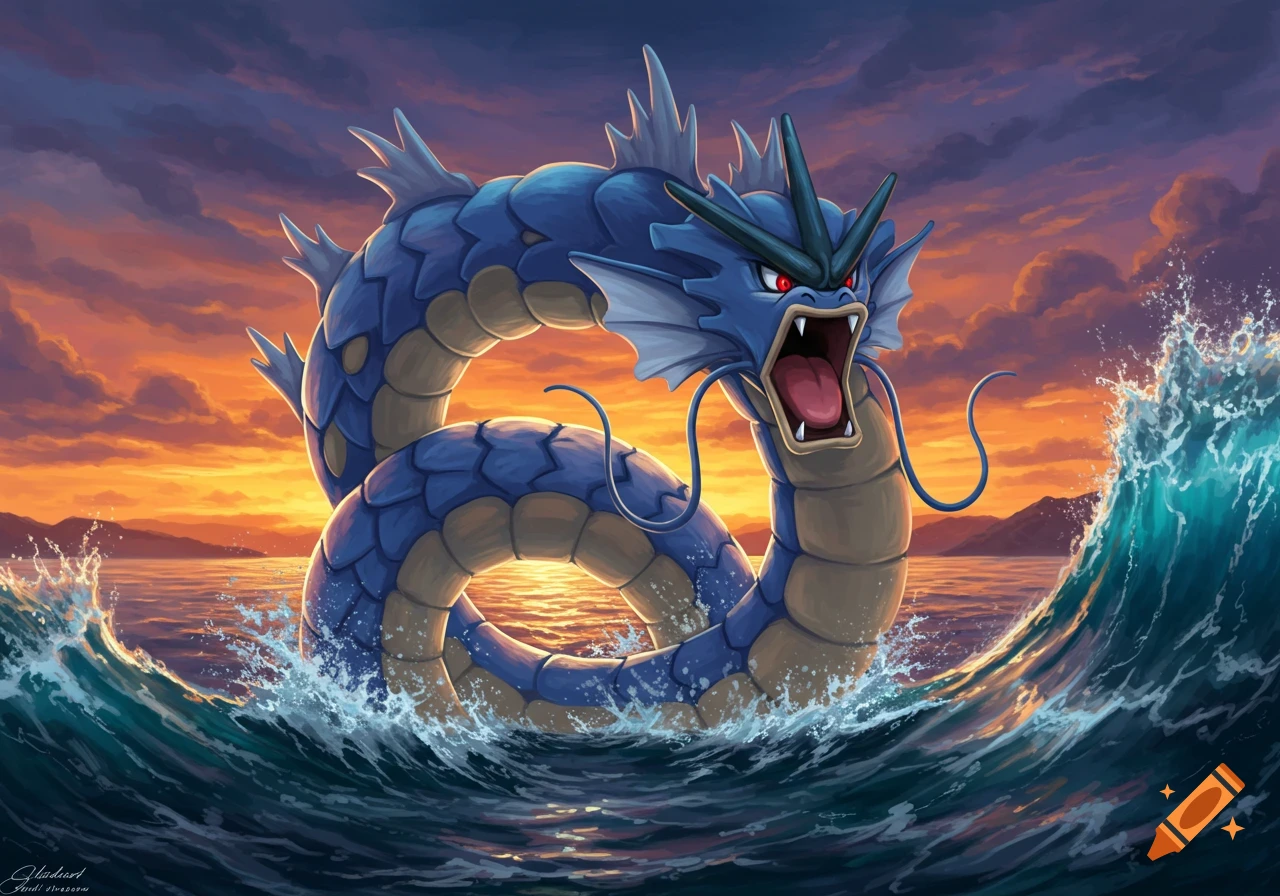 A blue Gyarados, a large dragon-like Pokemon, emerges from stormy waters under a vibrant orange and purple sunset.