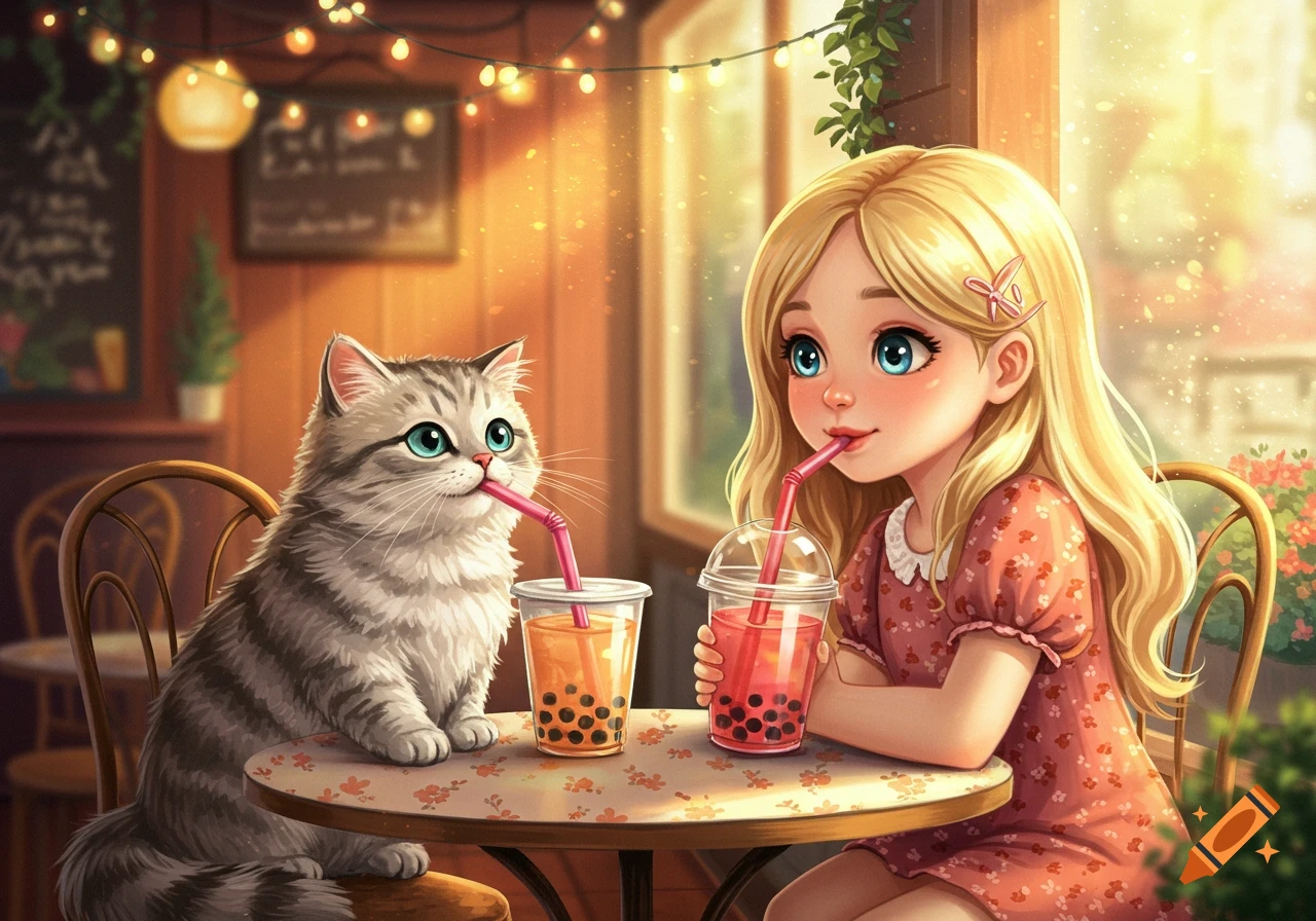An illustration of a blonde girl and a gray cat sitting at a table in a cafe, both drinking boba tea.