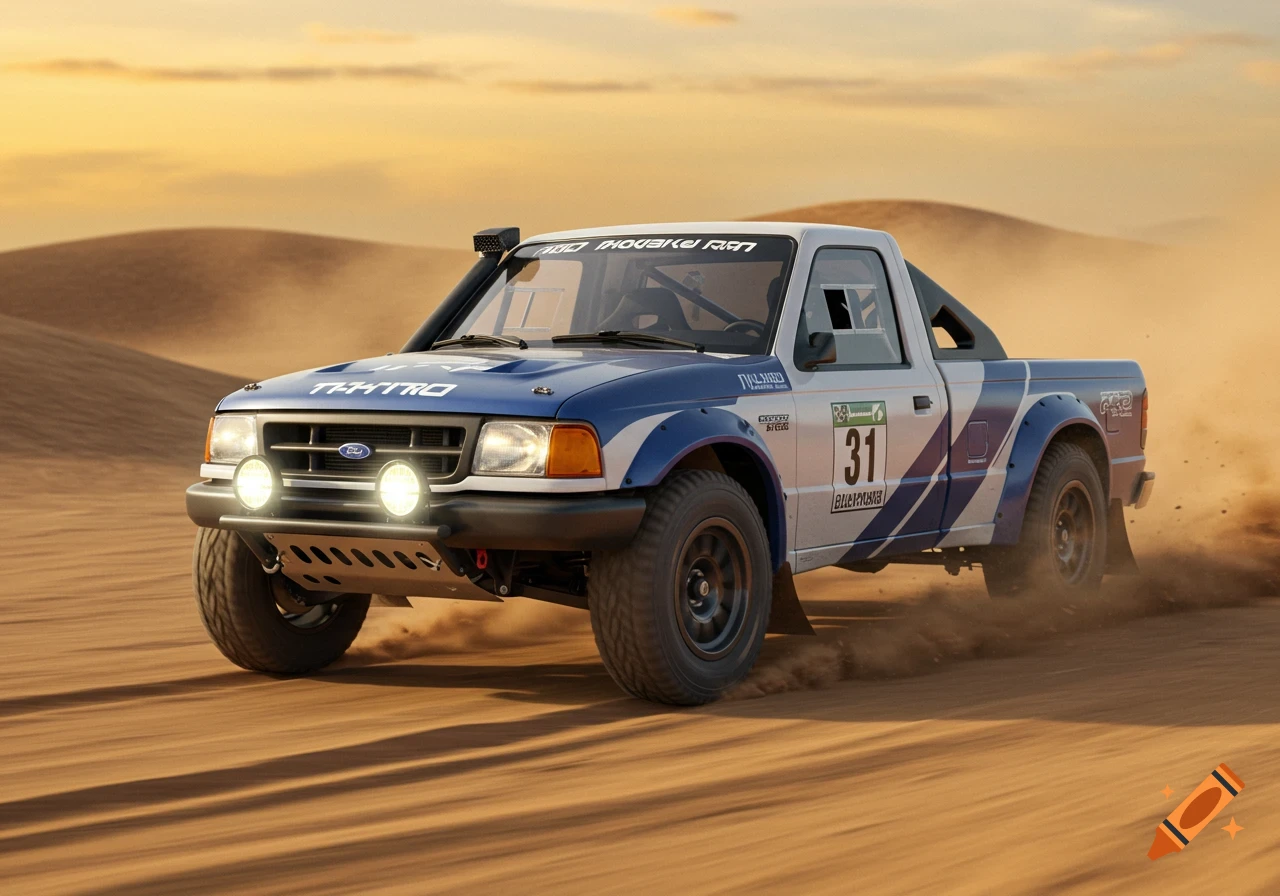 A customized blue and white Ford Ranger rally truck kicks up dust while driving through a sandy desert at sunset.