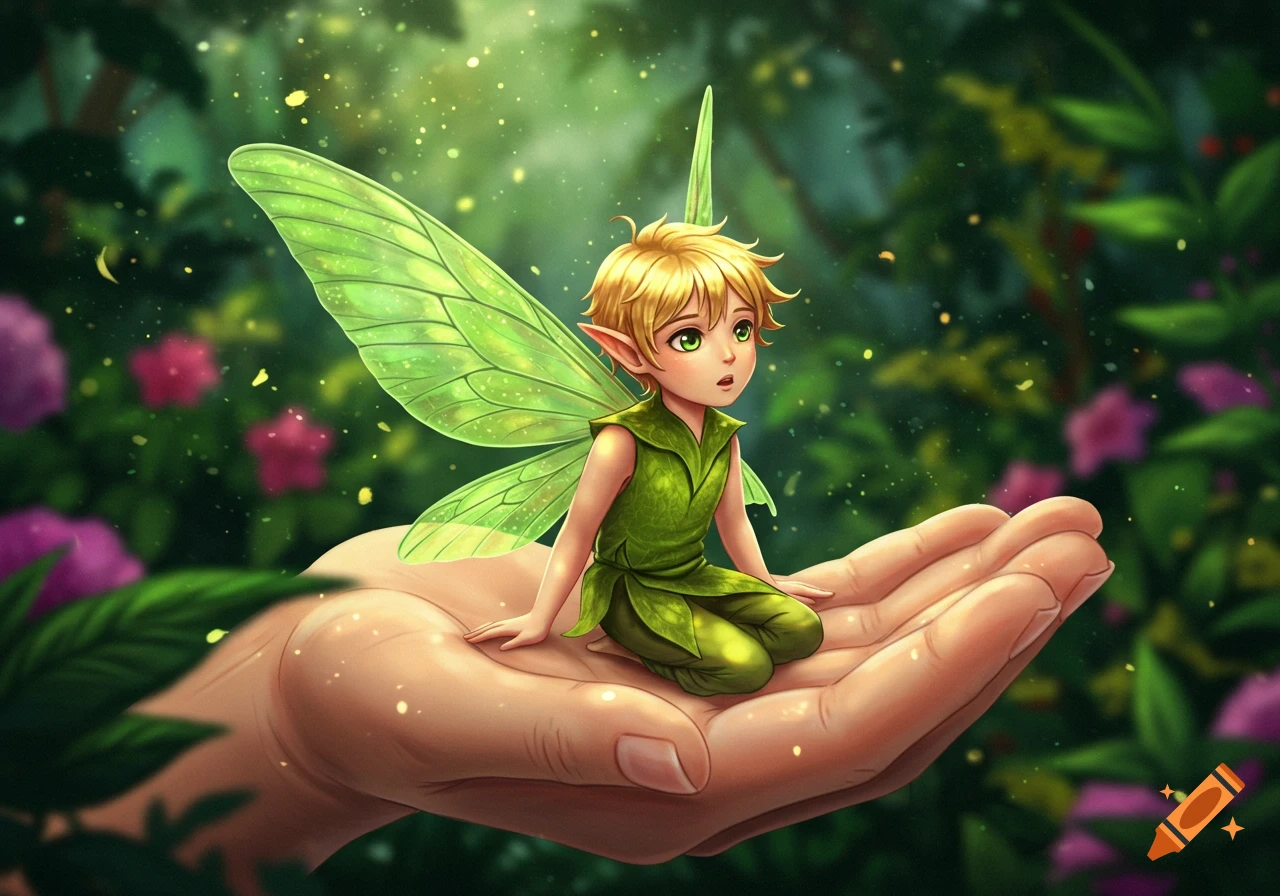 An anime-style blonde fairy with green wings sits in the palm of a hand in an enchanted forest with glowing particles.