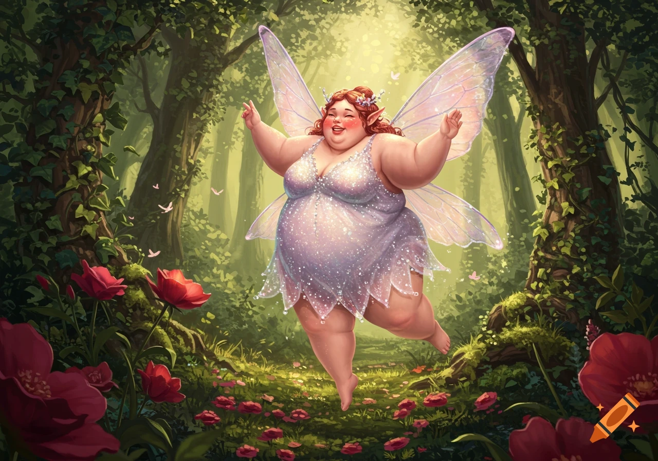 A cheerful, plus-sized fairy with large, sparkling wings and a glittery dress floats happily in a sunlit, green forest with red flowers.