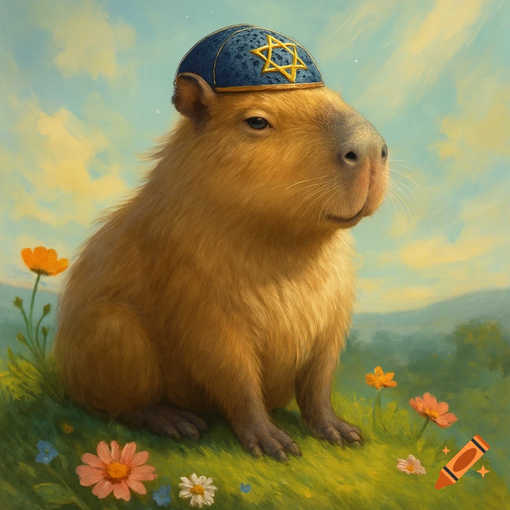 A capybara wearing a blue kippah with a golden Star of David sits in a field of colorful flowers under a bright sky, in a digital painting style.