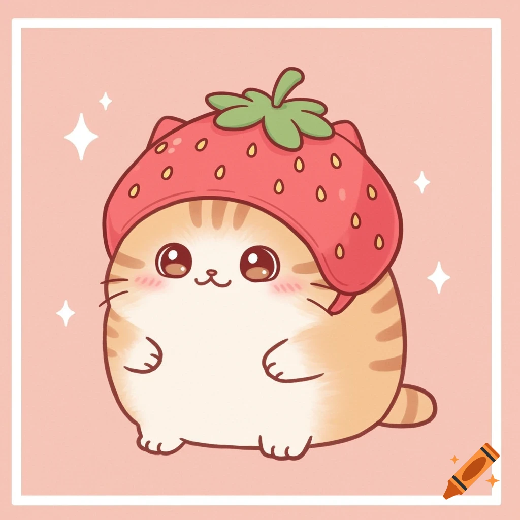 A cute chubby cat wearing a strawberry hat on a soft pink background, in a kawaii clip art style.