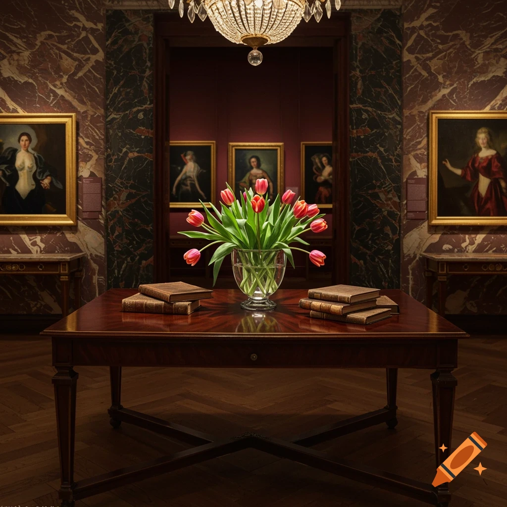 A photorealistic image of a wooden table with a vase of red and pink tulips and books, set in a grand art gallery with classical paintings and marble walls.