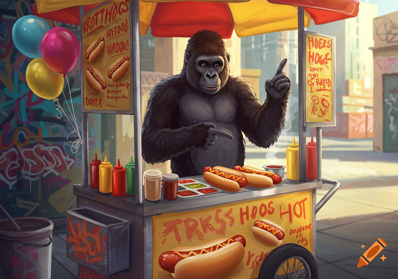 A cartoon gorilla operates a hot dog cart with colorful balloons and graffiti in the background.