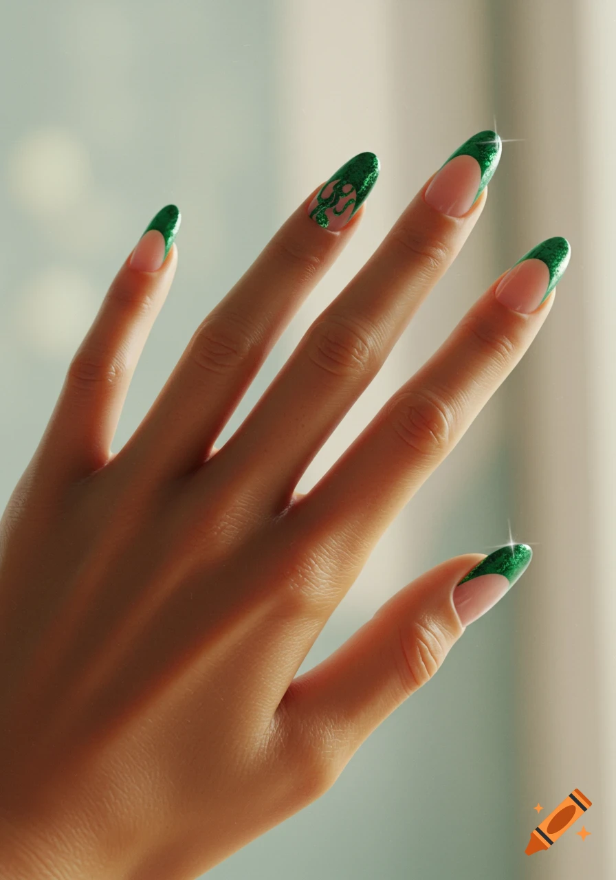 Close-up of a hand with green glitter French tip nails, one featuring an intricate design.