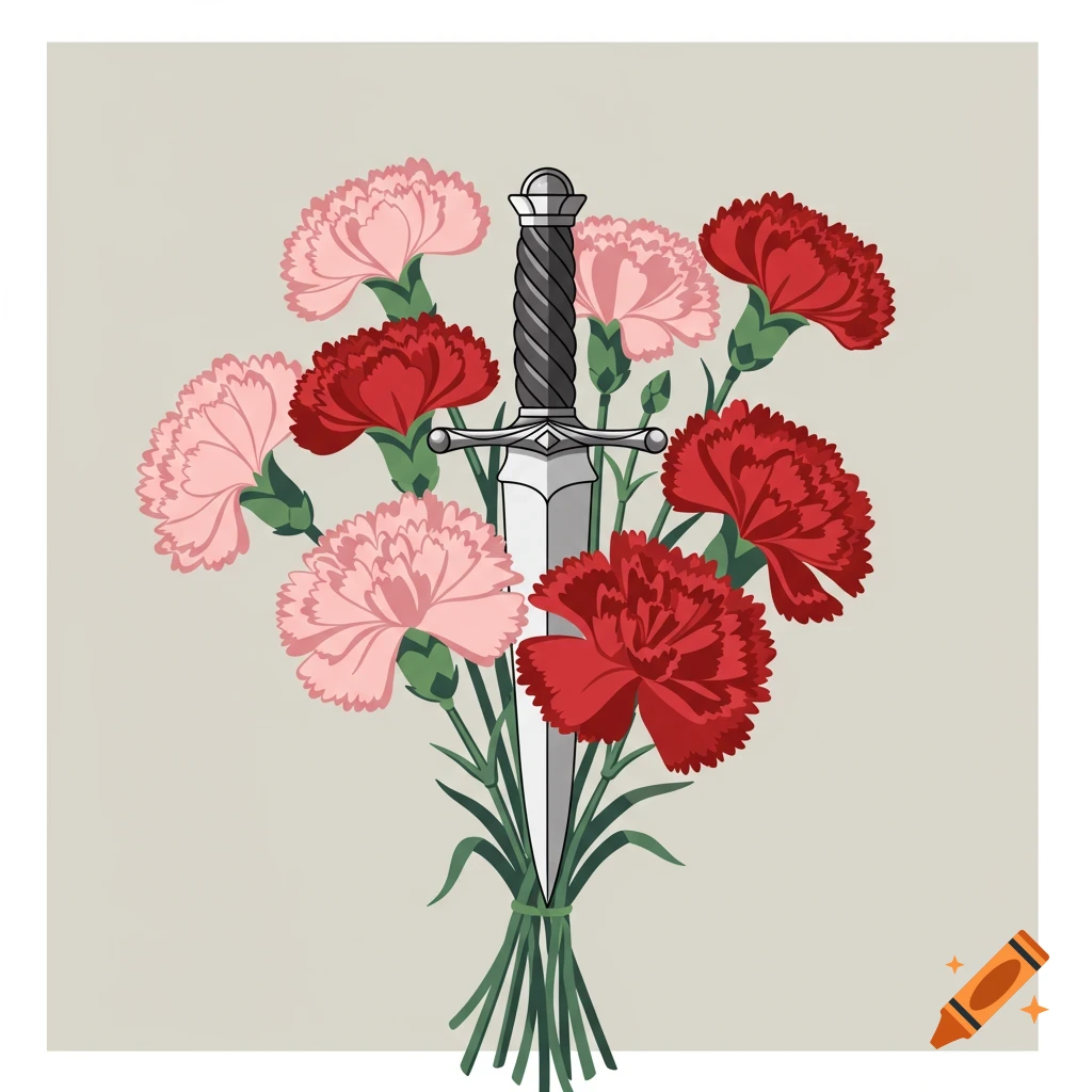 An illustration of a small silver dagger within a bouquet of red and pink carnations.