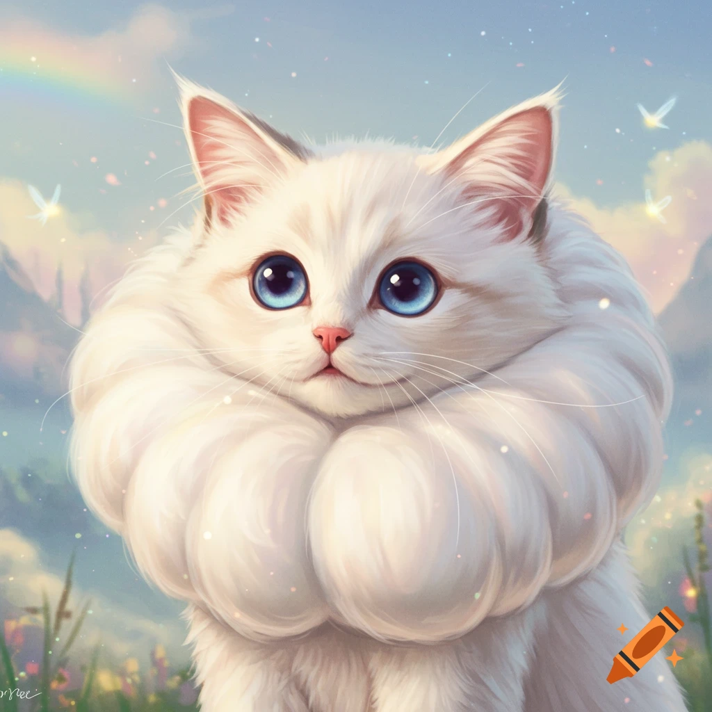 A cute white fluffy cat with big blue eyes and a puffy mane sits in a whimsical field with a rainbow.