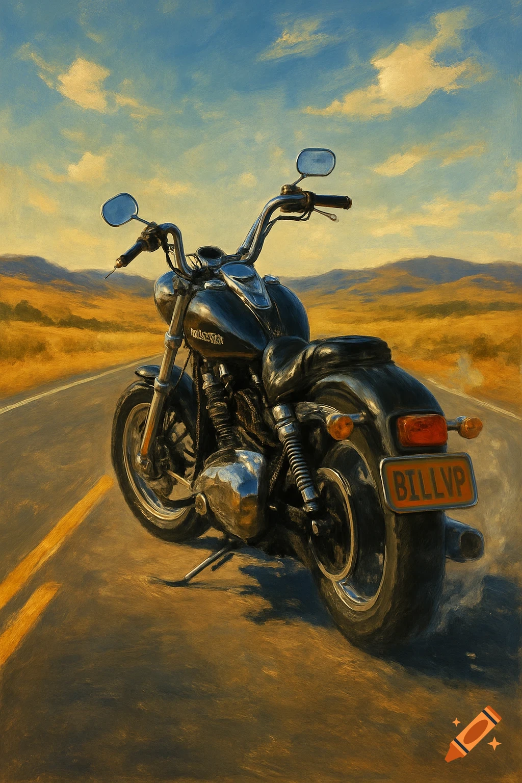 A painting of a black motorcycle parked on a two-lane road in a desert landscape under a blue sky with clouds.