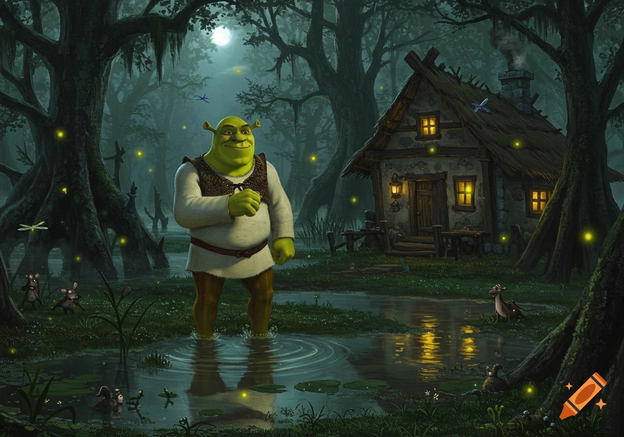 Shrek stands in a moonlit swamp with fireflies and his hut in the background.