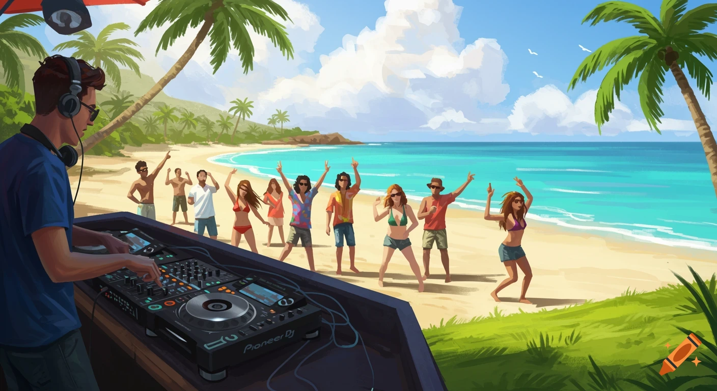 A stylized image of a DJ playing music on a tropical beach with people dancing in the sand.