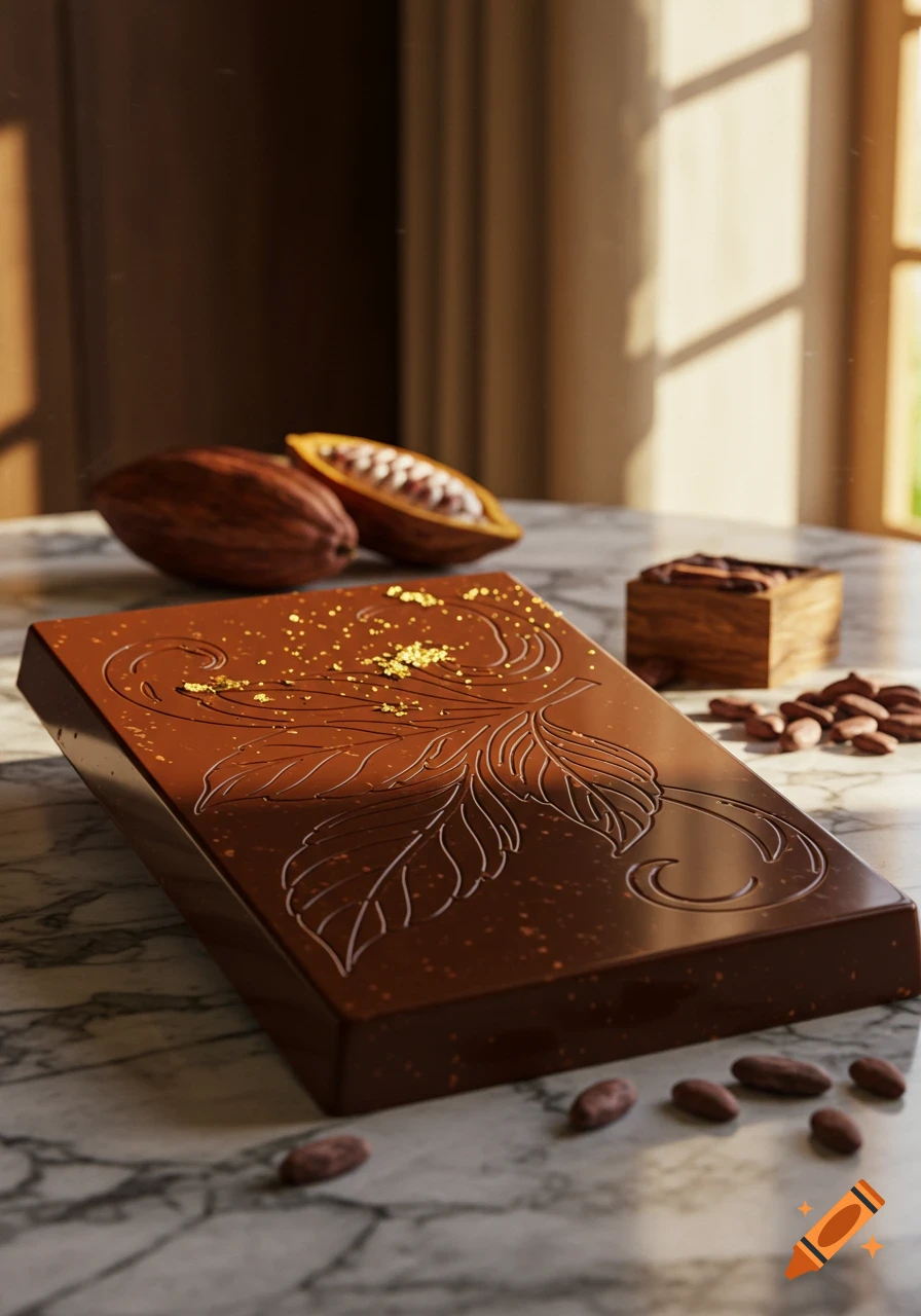 A large, rectangular chocolate bar with a delicate leaf design and gold flakes rests on a marble table next to cacao pods and beans, bathed in warm sunlight.